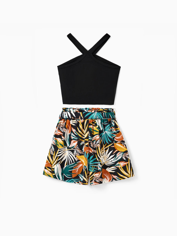 Conjunto familiar a juego para mamá y yo: pantalones cortos con estampado de hojas tropicales y top halter cruzado en negro