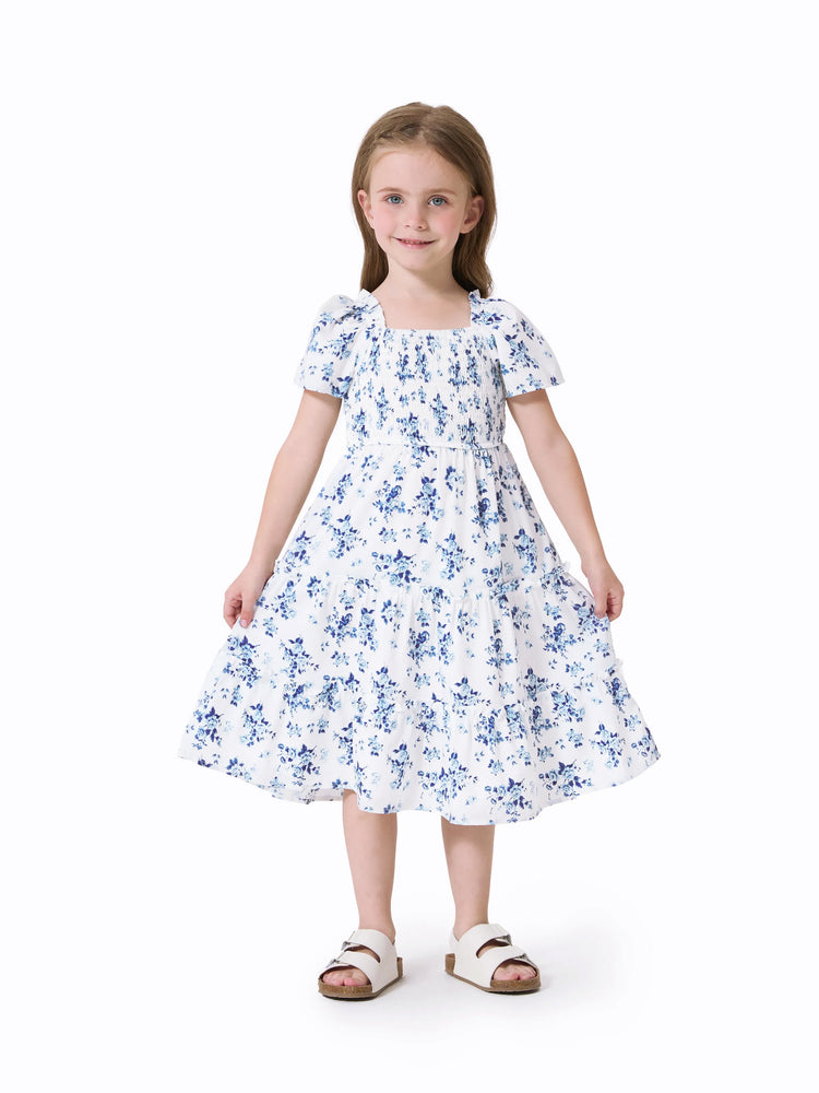 Family Matching Outfit: Floral Smocking Casual Suit BLUEWHITE