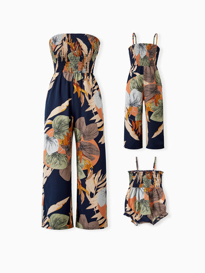 Family Matching Tropical Floral Print Smocked Top Strap Wide-Leg Jumpsuits for Mommy and Me Deep Blue
