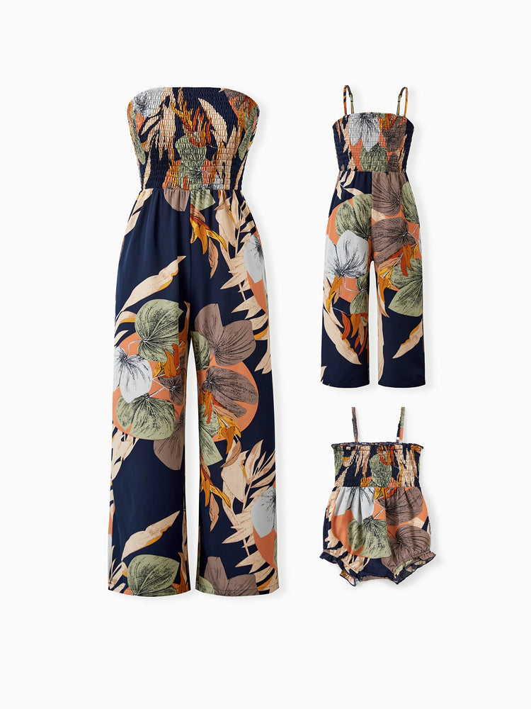 Family Matching Tropical Floral Print Smocked Top Strap Wide-Leg Jumpsuits for Mommy and Me Deep Blue