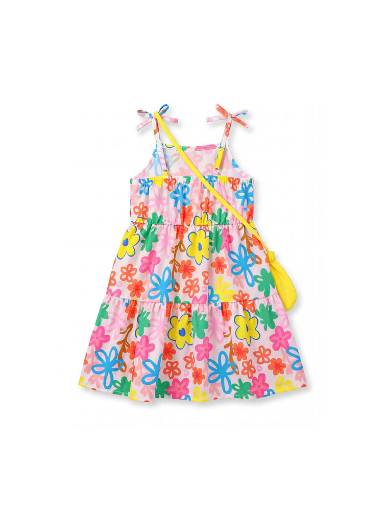 Fresh Market Toddler Girl Graffiti Floral Tiered Dress with Bag Blue+Yellow
