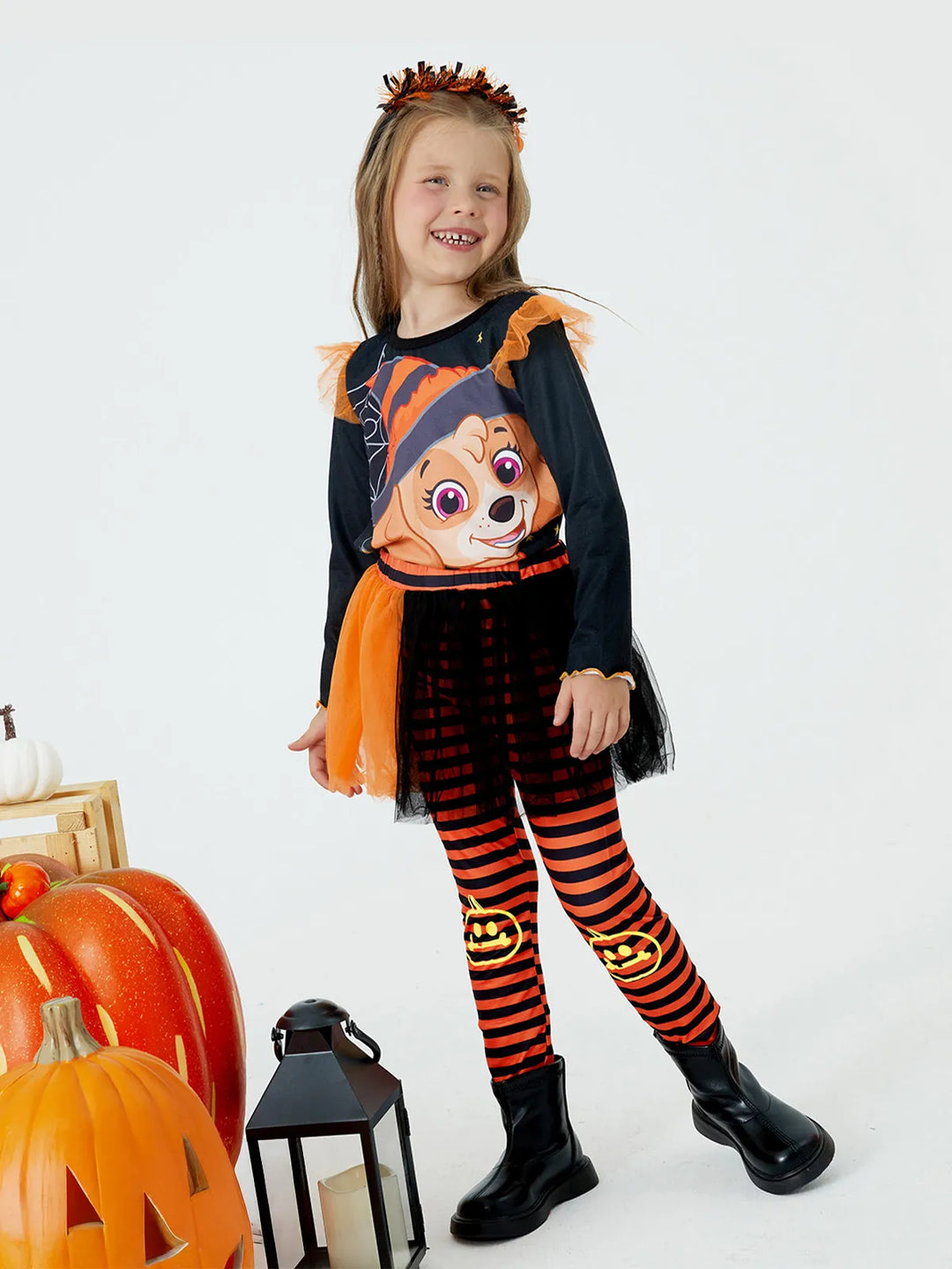 Conjunto de 2 piezas de camiseta de manga larga con estampado de Skye y leggings de malla a rayas de la Patrulla Canina para niña pequeña con bloques de color