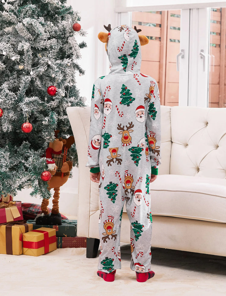 Grey Christmas Pajamas 3D Reindeer Pattern Zipper Onesies Matching Family Outfits Light Grey