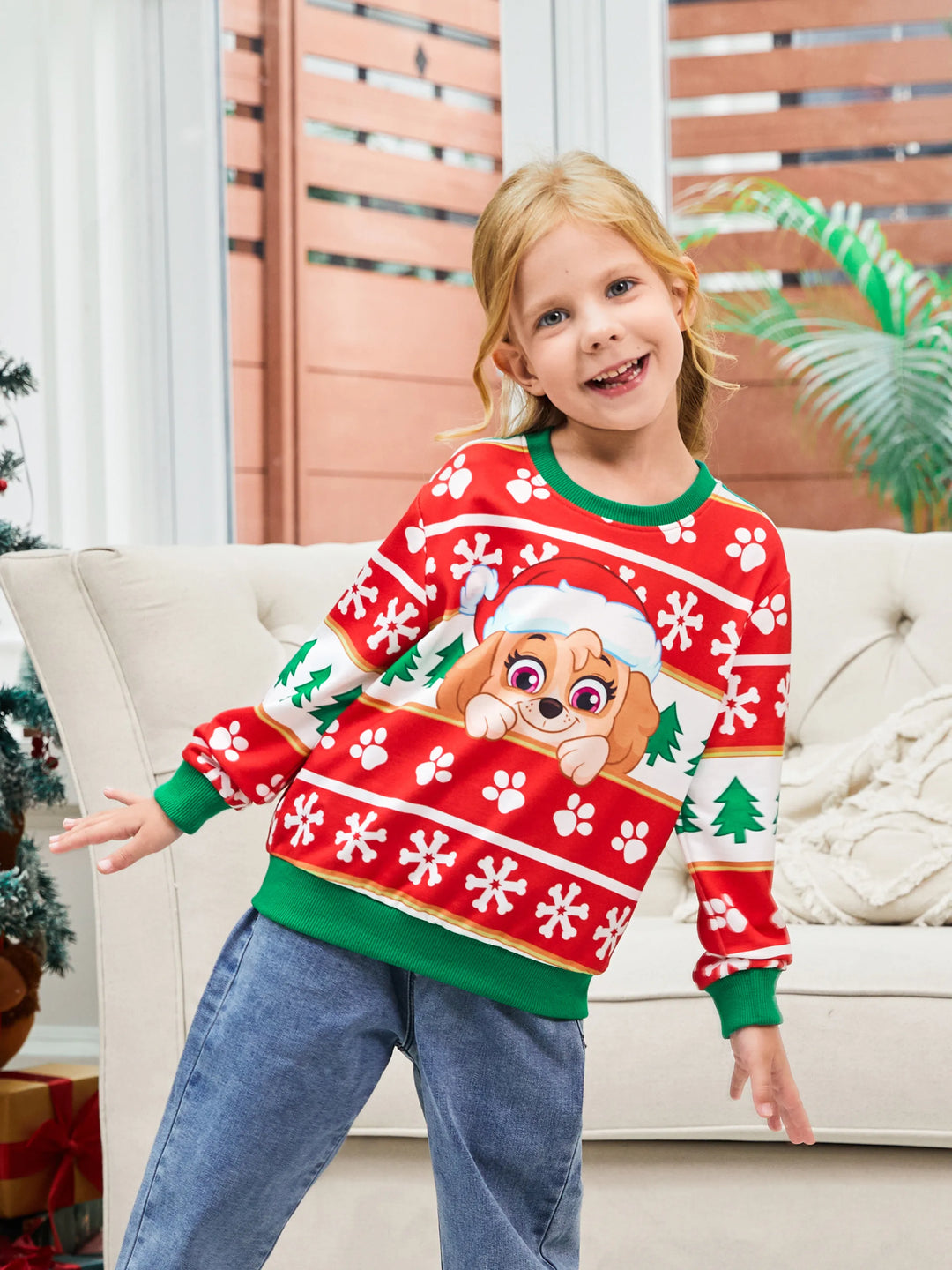 PAW Patrol Family passende Weihnachtsjagd und Skye mit Weihnachtsmannmütze Schneeflockenmuster Sweatshirt  rot