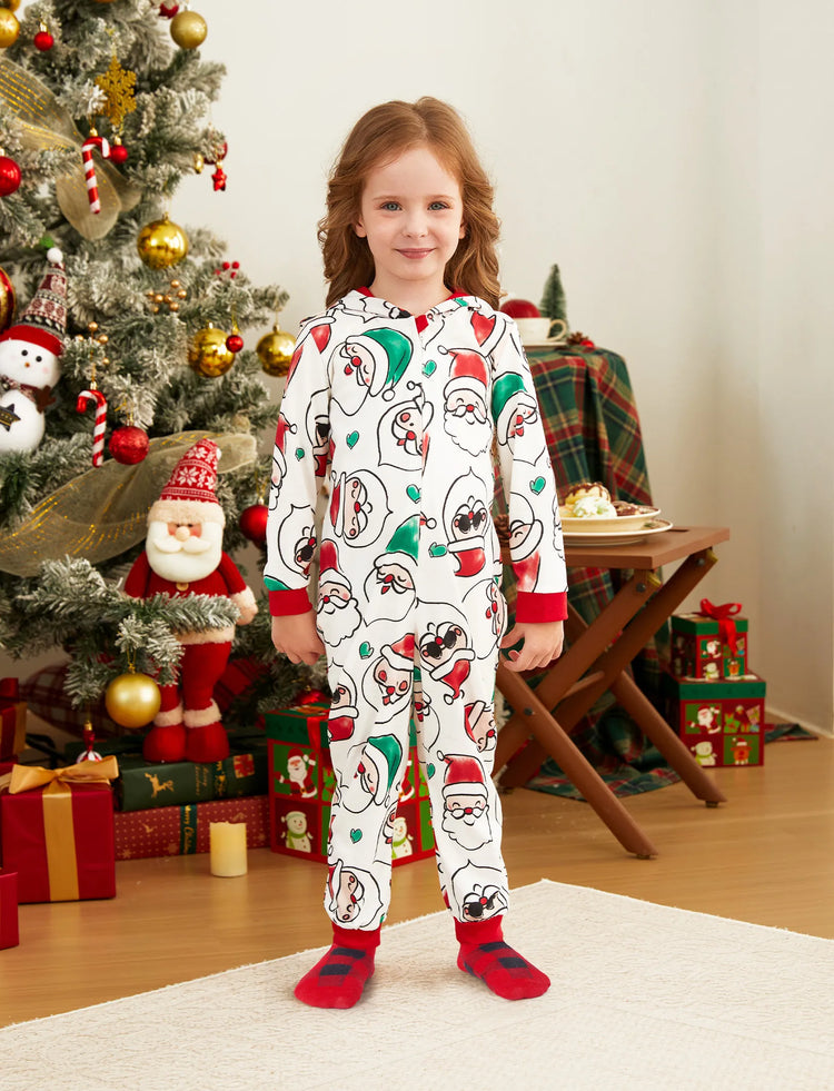 Christmas Matching Family Pajamas Set Santa Claus Allover Print Hooded Onesie PJS with Christmas Socks ColorBlock