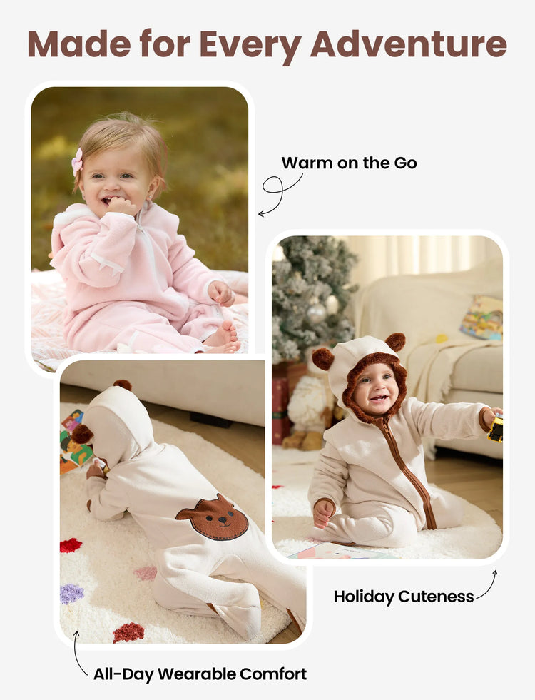 Unisex Jumpsuit 3D Hyper-Tactile Infant Outfit 2-way Onesies with Animal Pattern Apricot