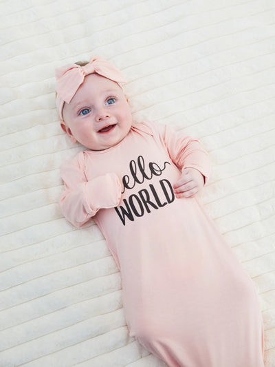 Bamboo infant sleeping gown with matching headband, pink.