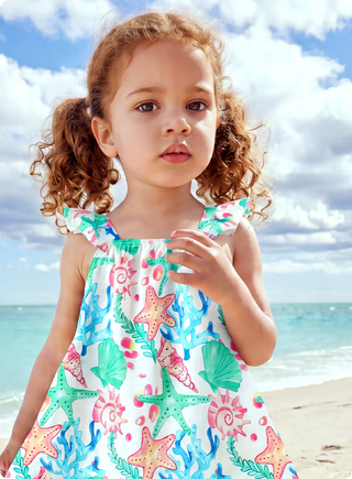 Ocean Vibes Baby Girl Tropical island Leaf Print Dress White