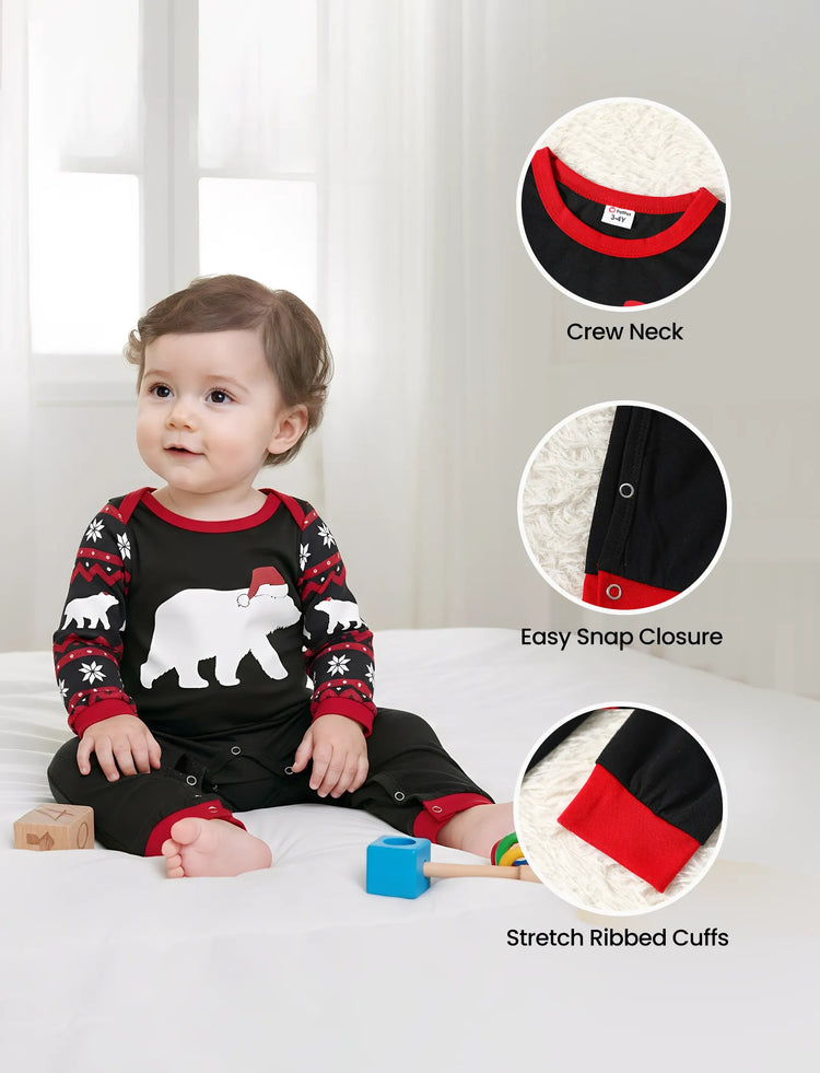 Christmas Matching Family Pajamas Set Mosaic Bear Print Long-sleeve PJS with Christmas Socks red/black