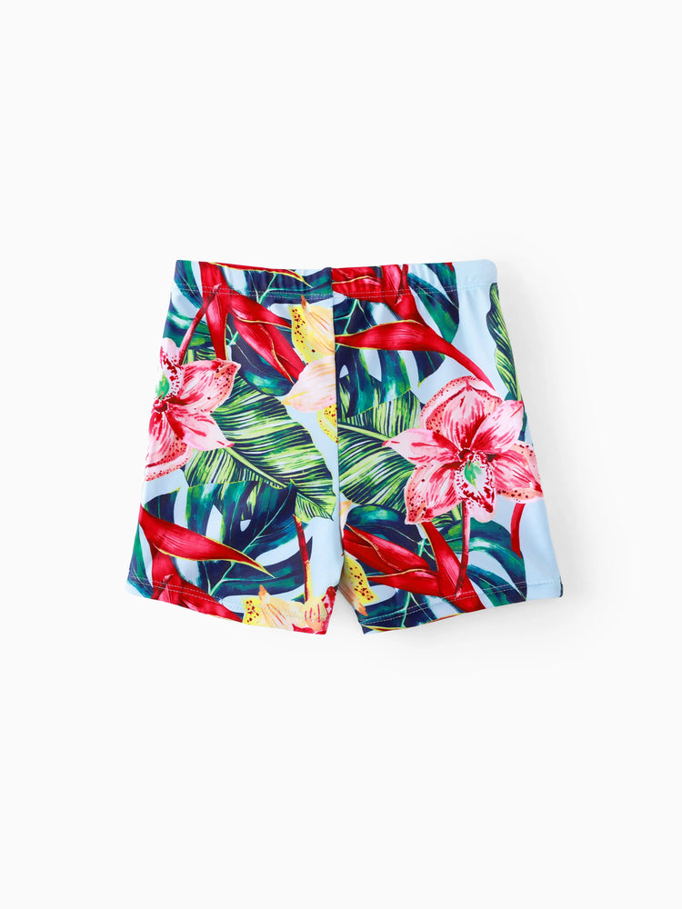 Family Matching Floral Drawstring Swim Trunks or Ruched Shell Edge Bikini with Optional Swim Cover Up Red