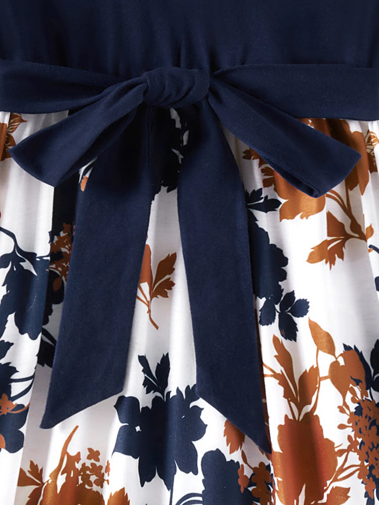 Mommy and Me Family Matching Casual Dress or T-Shirt, Solid Color, Fabric Stitching royalblue