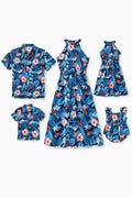 Family Matching Vacation Set Tropical Floral Print Shirt or Halter Dresses for Dad, Mom, Kids & Baby, Perfect for Summer Holidays & Family Photos Deep Blue