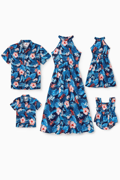 Family Matching Vacation Set Tropical Floral Print Shirt or Halter Dresses for Dad, Mom, Kids & Baby, Perfect for Summer Holidays & Family Photos Deep Blue