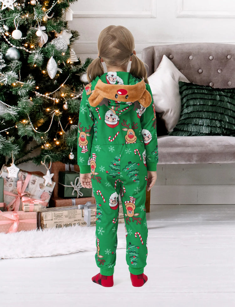 Green Christmas Family Pajamas Sets 3D Reindeer Hooded Allover Print Onesies Green