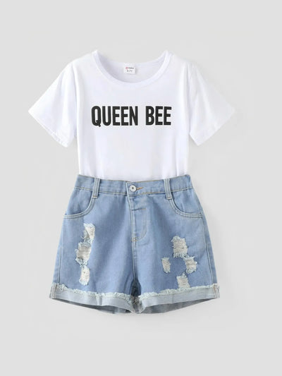 Ensemble 2 pièces pour fille : t-shirt blanc à manches courtes et short en jean déchiré, imprimé lettres