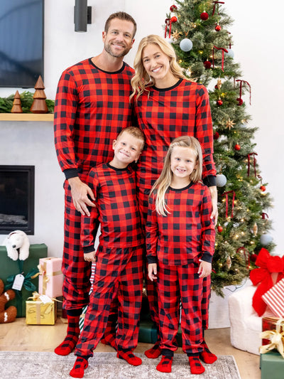 Christmas Matching Family Pajamas Set Allover Red Grid Print Long-sleeve PJS with Christmas Socks Red