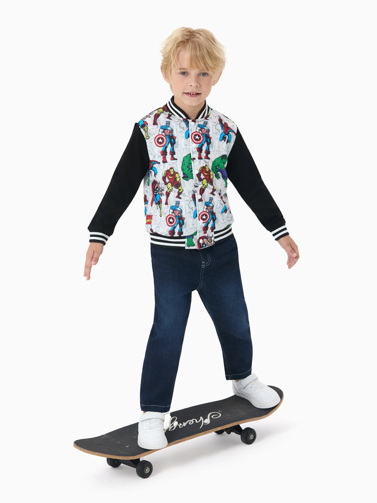 Marvel Toddler/Kids Boy Spider-Man/ Captain America/ IronMan/ Green Hulk Allover Print Stand Collar Jacket Black
