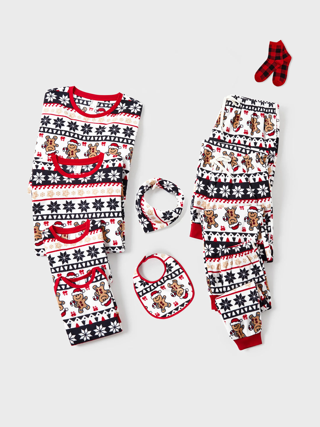 Weihnachten Passendes Familienpyjama-Set Lebkuchen und Schneeflockendruck PJS mit Weihnachtssocken rot