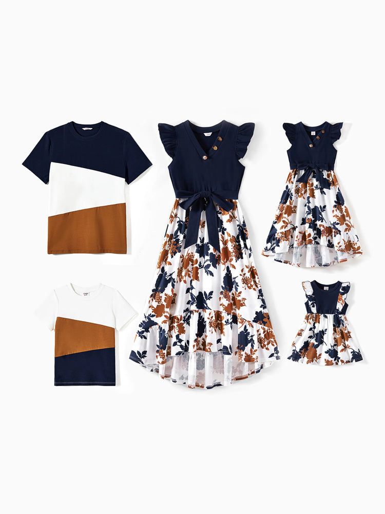 Daddy and Me Family Matching Casual Dress or T-Shirt, Solid Color, Fabric Stitching royalblue