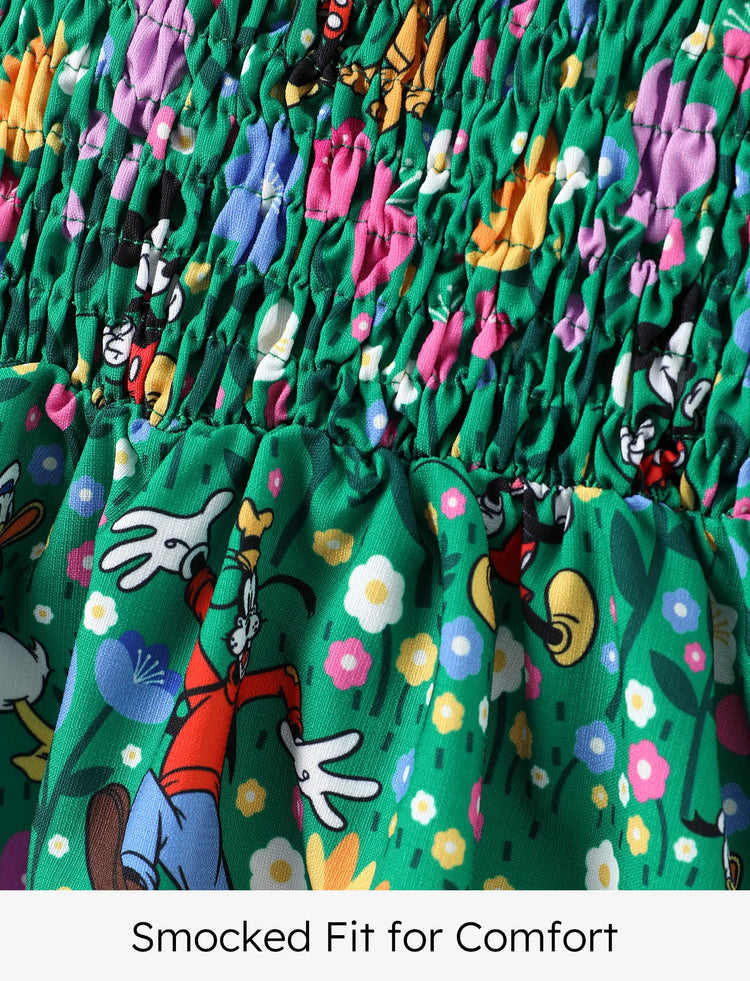 Disney Mickey and Friends Toddler Girl 1pc Minnie Floral Allover Print Bowknot Smocked Sundress Green