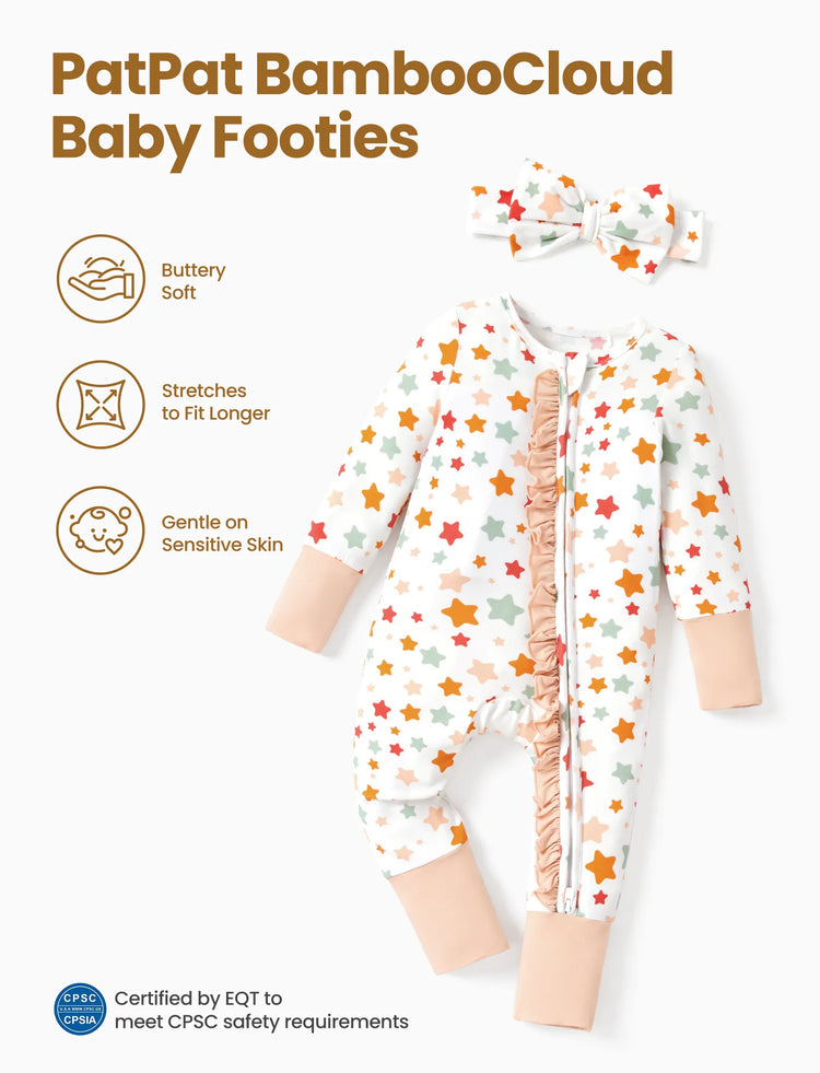 Bamboo Baby Boy/Girl Animal Printed 2-Way Zipper Anti Slip Long-sleeve Footie with Hairband Apricot
