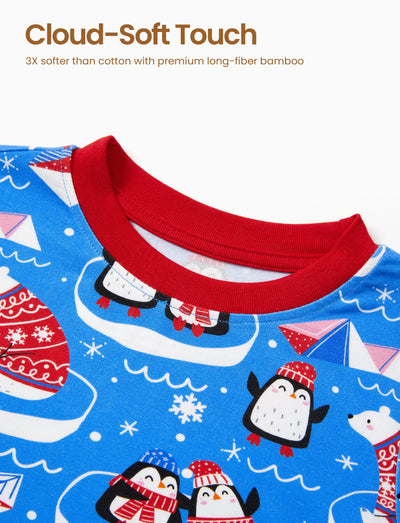 Pijama de bambú de 2 piezas para Navidad y Halloween con estampado divertido para niños pequeños (ajustado), color azul claro