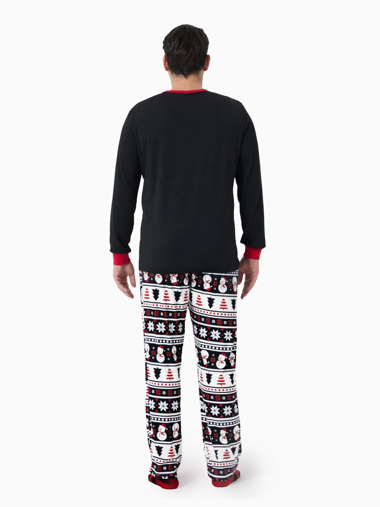 Ensemble pyjama de Noël assorti pour toute la famille, imprimé bonhomme de neige et sapin de Noël, noir, avec chaussettes de Noël noires