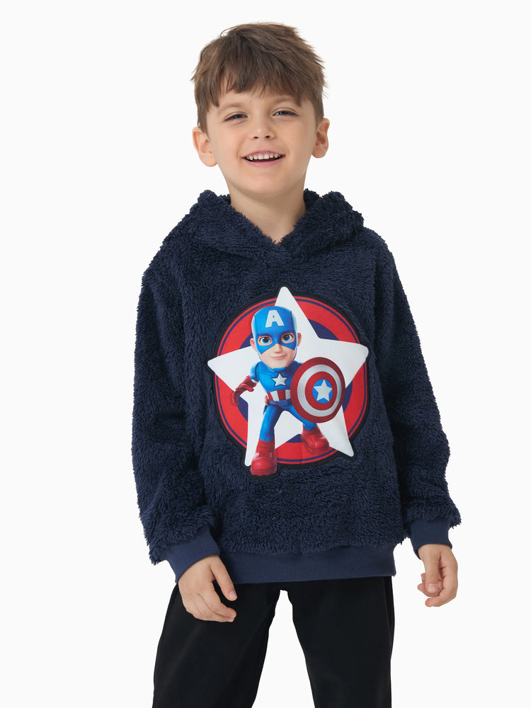 Marvel Toddler Boy Captain America Embroidered Coral Fleece Hooded Sweatshirt Deep Blue