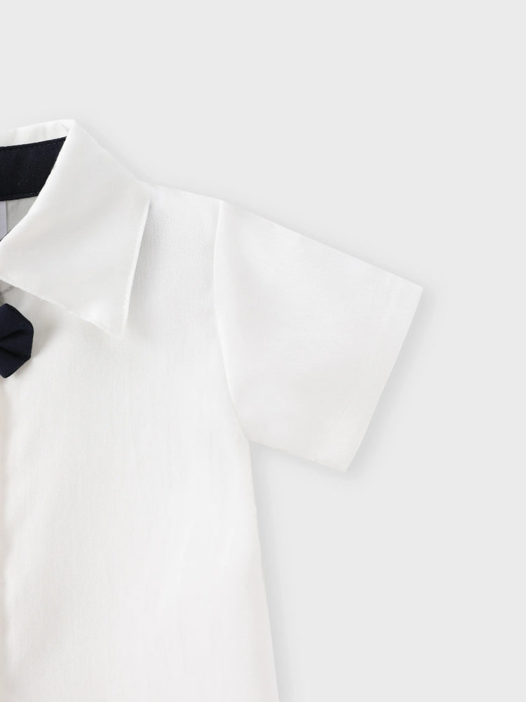 Conjunto de camisa con pajarita y pantalones cortos con tirantes para fiesta de bebé niño, azul oscuro