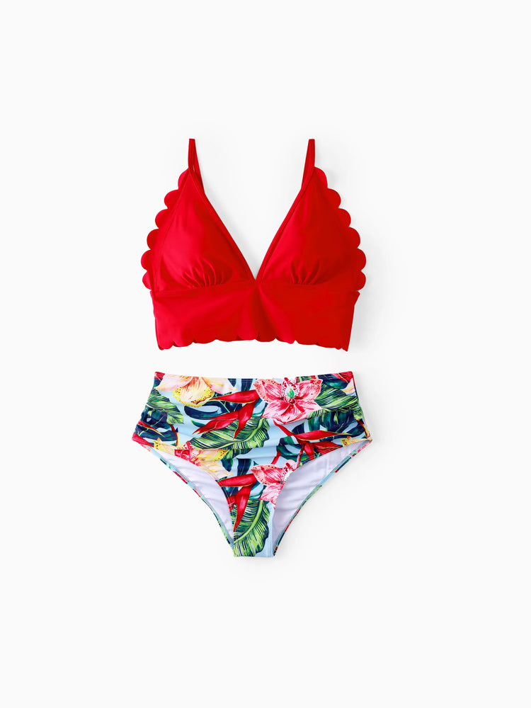 Family Matching Floral Drawstring Swim Trunks or Ruched Shell Edge Bikini with Optional Swim Cover Up Red