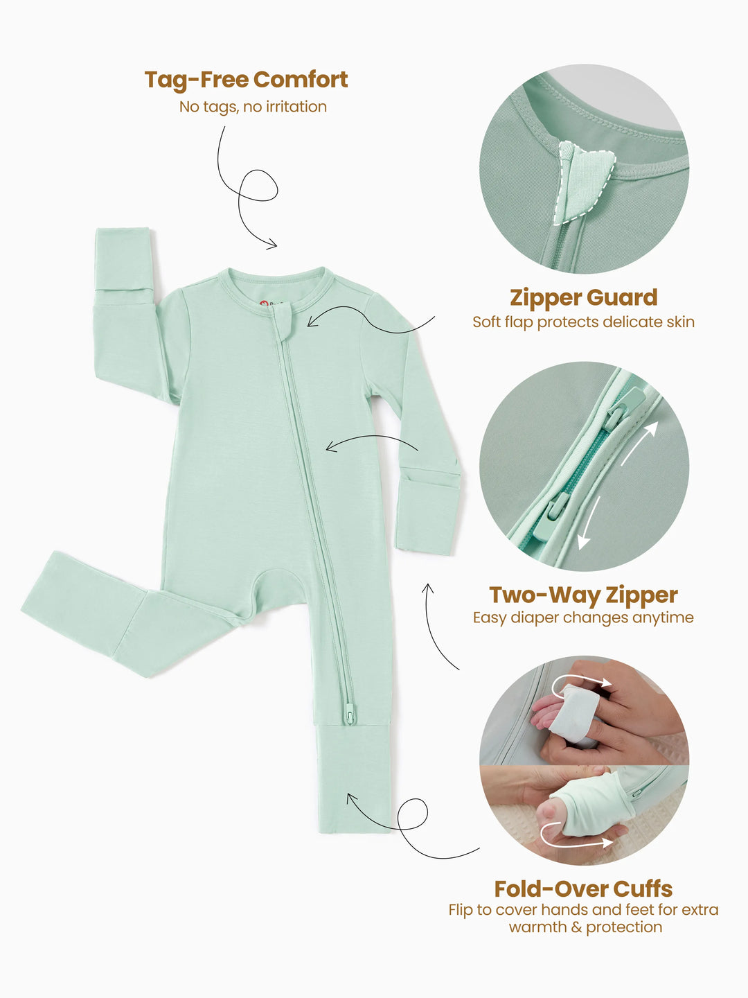 Bamboo Baby Boy / Girl Childlike Animal Pattern 2-way Zipper Footie Green