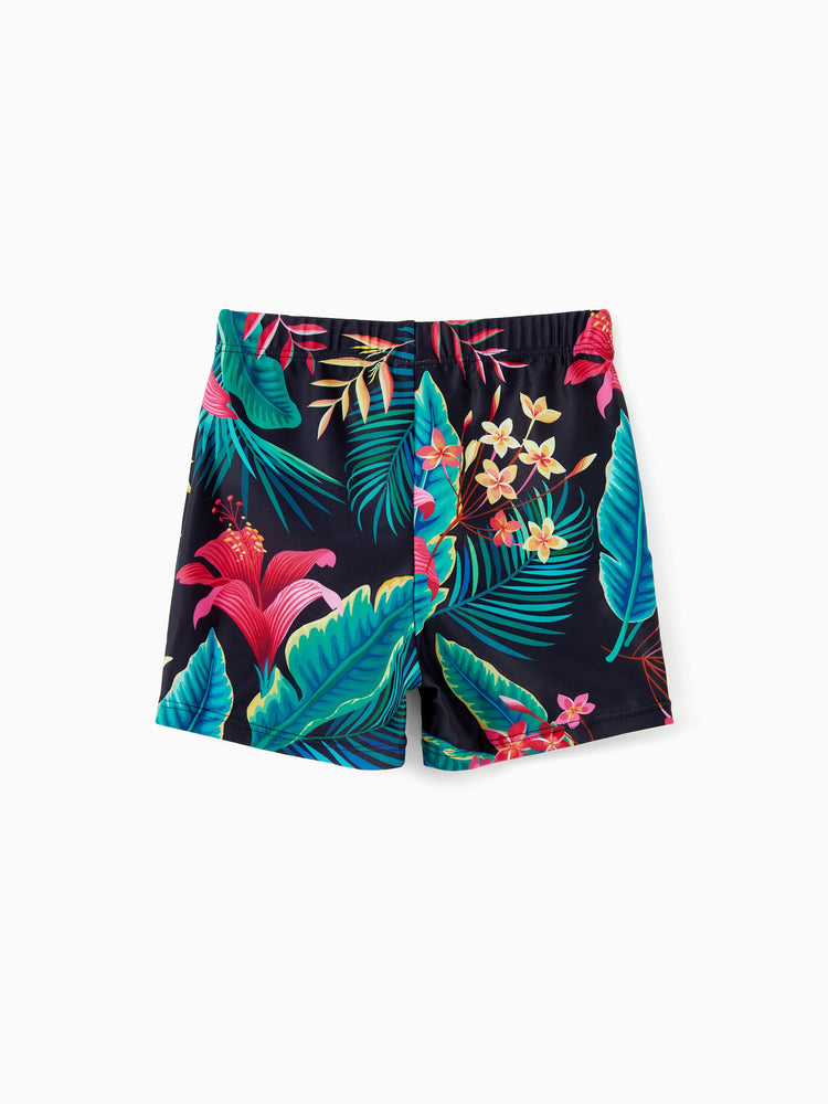 Family Matching Allover Plant Print Crisscross One-Piece Swimsuit and Swim Trunks Black