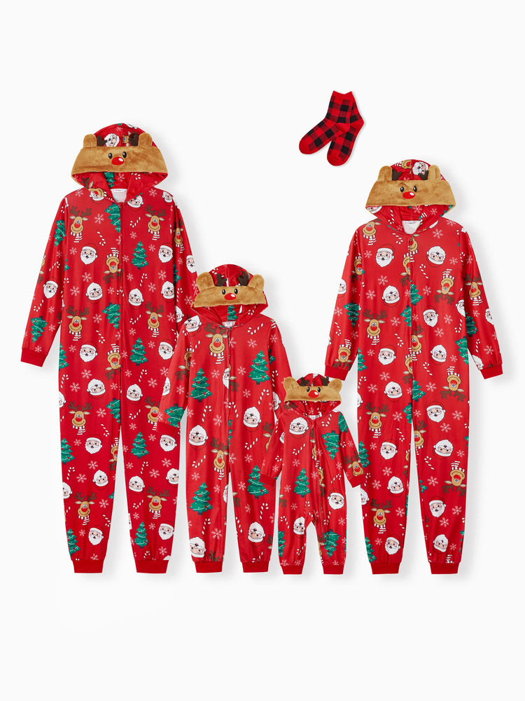 Christmas Family Pajamas Sets 3D Reindeer Hooded Allover Print Onesies Pajamas Red-2