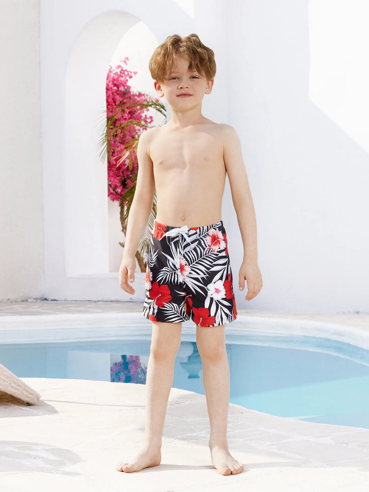 Family Matching Tropical Floral Swim Trunk or 2 Pieces Halter Swimsuit Black