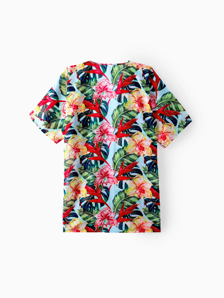 Family Matching Floral Drawstring Swim Trunks or Ruched Shell Edge Bikini with Optional Swim Cover Up Red