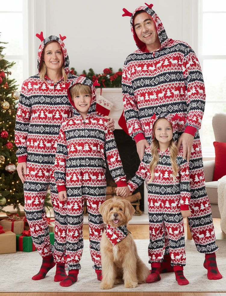 Christmas Matching Family Pajamas Set 3D Reindeer Hooded Allover Snowflake Print Onesie PJS with Christmas Socks red/black