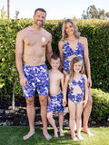 Family Matching Tropical Leaf Print Swim Trunks or Hollow-out Crisscross Straps One-piece Swimsuit Blue