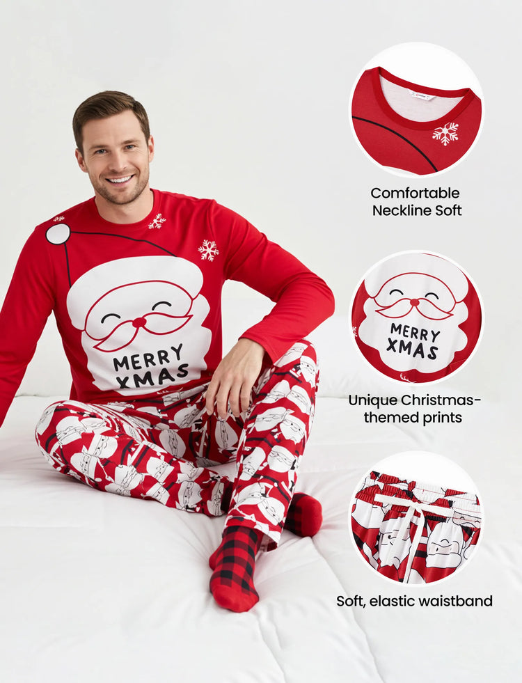 Pijama familiar navideño a juego con estampado gráfico de Papá Noel grande en la parte delantera y trasera, con bolsillos y cordón, color rojo 2