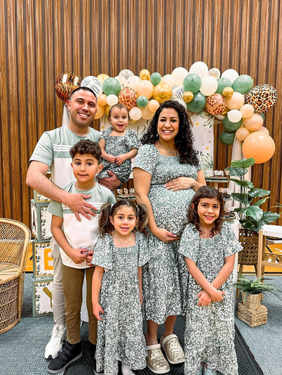 Elegant Broken Flower Matching Outfits for Family, Smocking Design, Medium Thickness Green