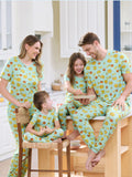 Pyjama vert menthe Bamboo Family, imprimé dessin animé mignon sur le thème de la nourriture, manches courtes et pantalon long, ensemble de pyjama assorti (ajusté pour les enfants) bleu clair