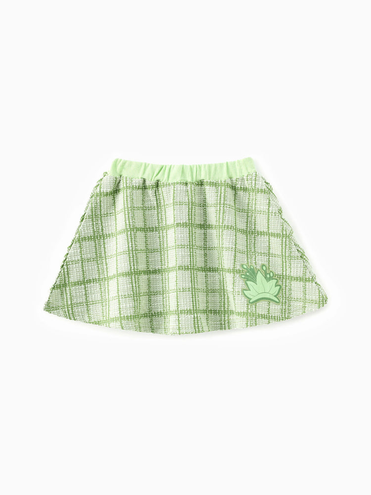 Ensemble 2 pièces princesse Disney Tiana pour petite fille, cardigan en tweed à carreaux style Preppy avec jupe, vert
