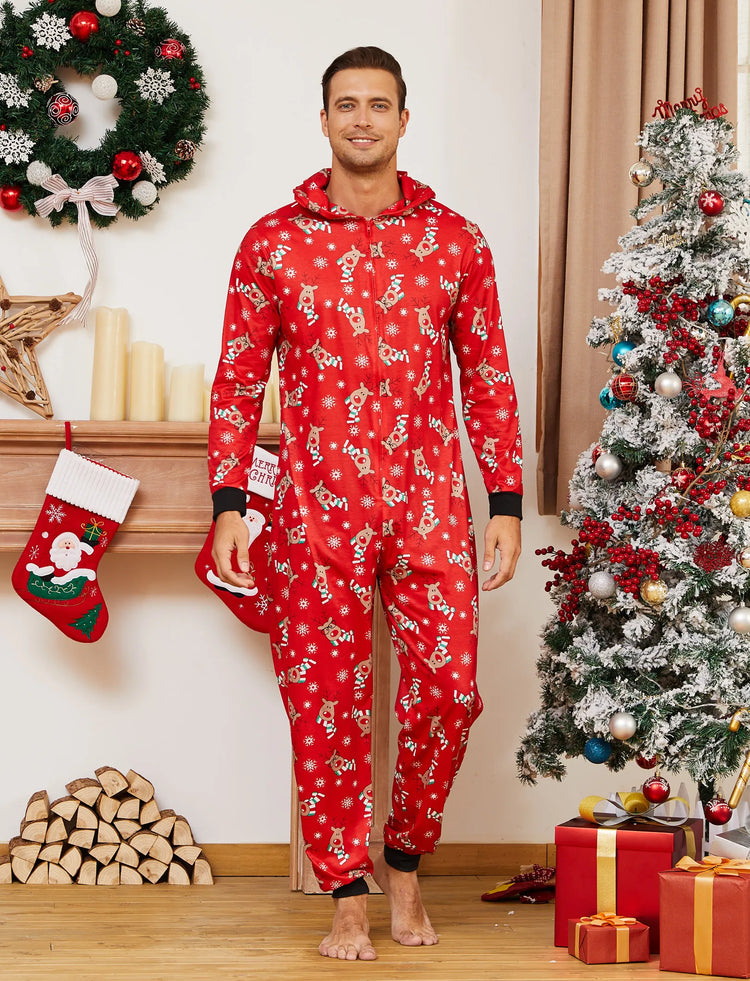 Christmas Matching Family Pajamas Set 3D Reindeer Hooded Allover Reindeer Print Onesie PJS with Christmas Socks Red