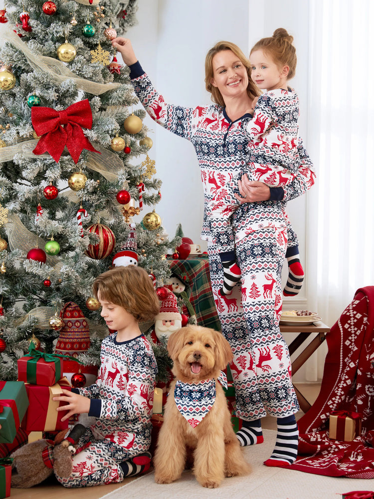 Christmas Family Matching Allover Print Long-sleeve Pajamas Sets (Flame Resistant) BLUEWHITE