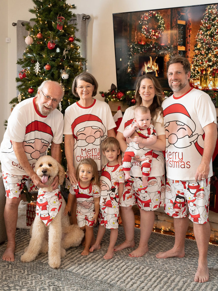 Ensemble pyjama assorti pour toute la famille, imprimé Père Noël et bonhomme de neige, haut à manches courtes et short, blanc