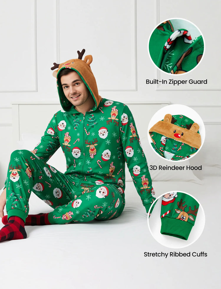 Green Christmas Family Pajamas Sets 3D Reindeer Hooded Allover Print Onesies Green