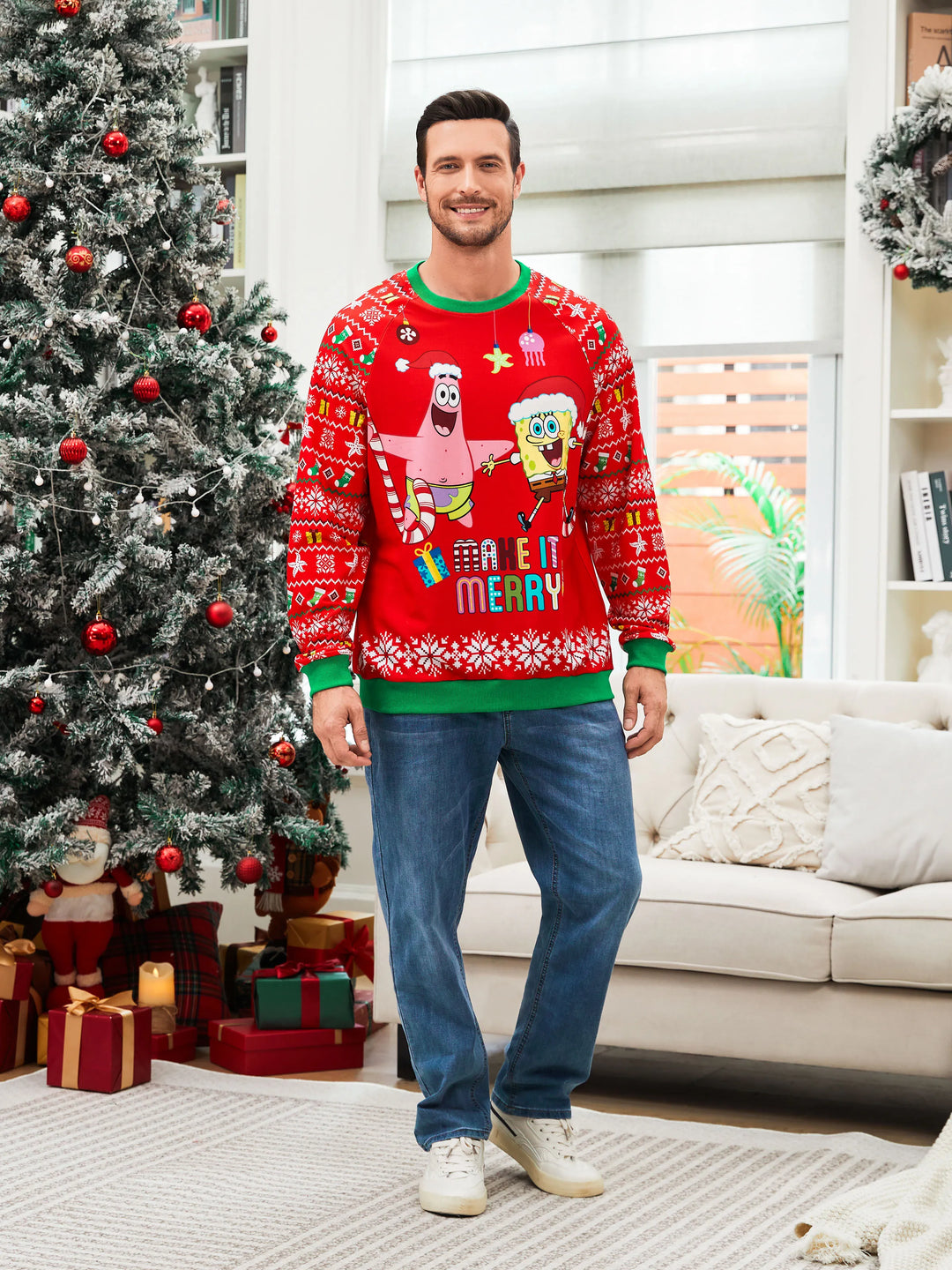 SpongeBob SquarePants Family matching 1pc Christmas Pattern Long-sleeve Sweatshirt/Jumpsuit 
 Red