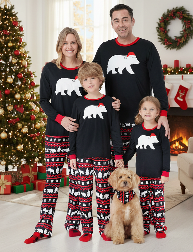 Christmas Matching Family Pajamas Set Mosaic Bear Print Long-sleeve PJS with Christmas Socks red/black
