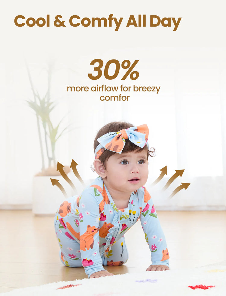 Bamboo Baby Boy/Girl Animal Printed 2-Way Zipper Anti Slip Long-sleeve Footie with Hairband Turquoise