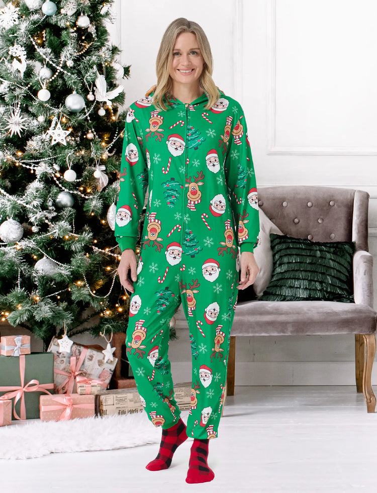Green Christmas Family Pajamas Sets 3D Reindeer Hooded Allover Print Onesies Green