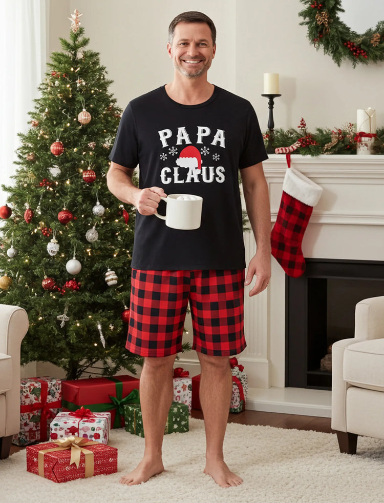 Christmas Hat and Letter Print Black Family Matching Short-sleeve Plaid Pajamas Sets Black